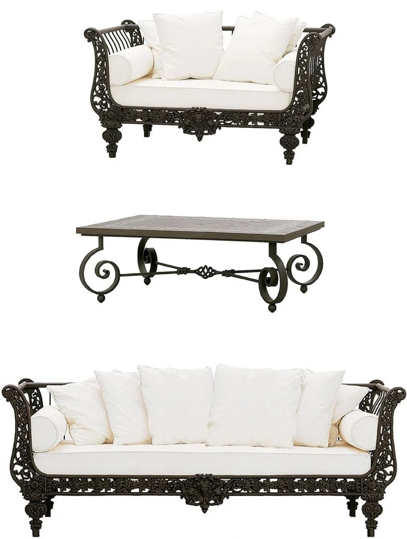 Casa Padrino Luxus Barock Schmiedeeisen Möbel Set Dunkelbraun / Weiß - 1 Luxus Sofa & 1 Luxus Sessel & 1 Luxus Couchtisch - Wohnzimmer Möbel - Garten Möbel - Hotel Möbel - Luxus Barock Möbel