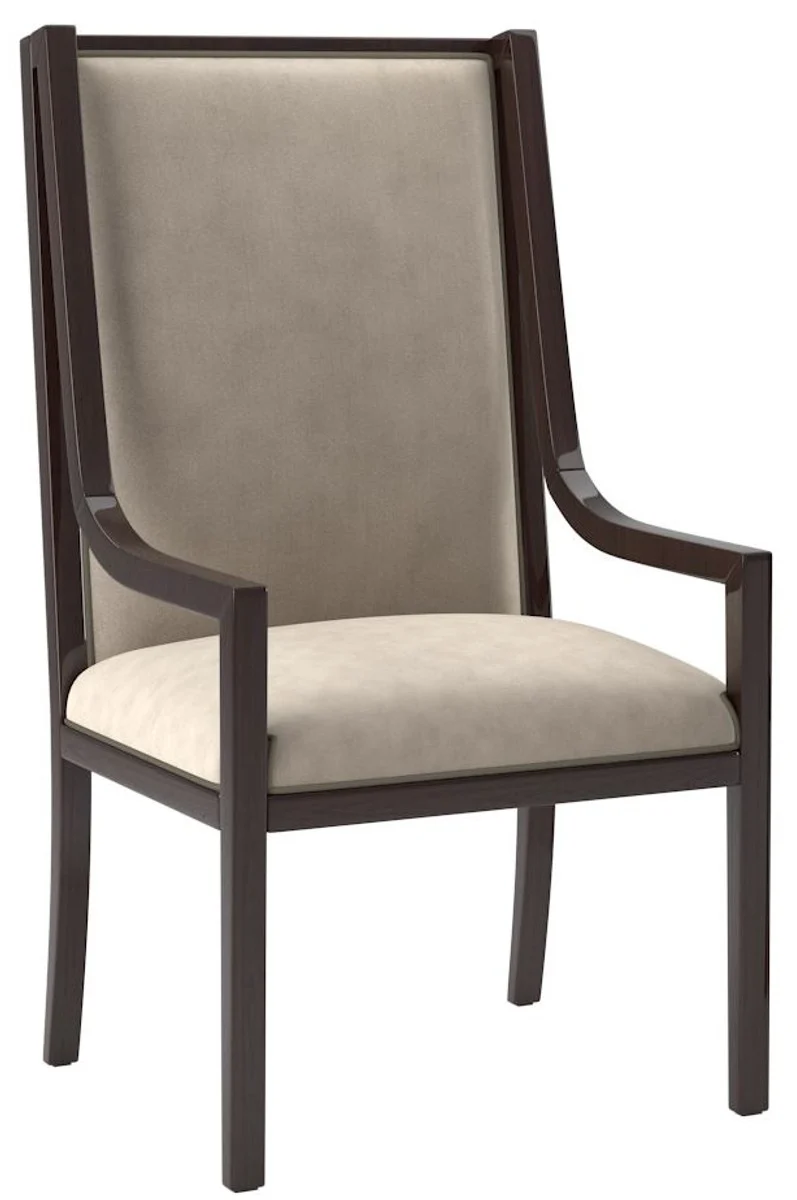 Casa Padrino Luxus Art Deco Esszimmer Set Beige / Dunkelbraun Hochglanz / Gold - 1 Esszimmertisch & 6 Esszimmerstühle - Art Deco Esszimmer Möbel - Luxus Qualität