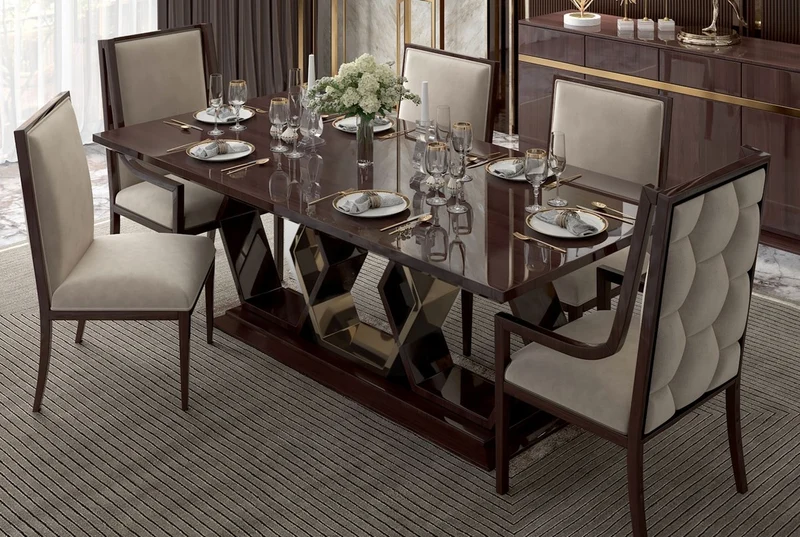 Casa Padrino Luxus Art Deco Esszimmer Set Beige / Dunkelbraun Hochglanz / Gold - 1 Esszimmertisch & 6 Esszimmerstühle - Art Deco Esszimmer Möbel - Luxus Qualität