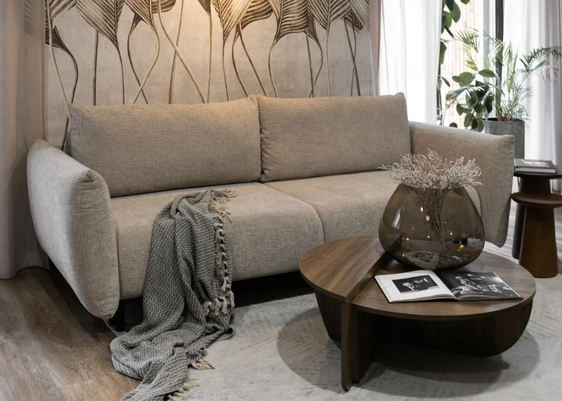 Dreisitziges ausklappbares Sofa Candeiro mit Stauraum, beige Chenille