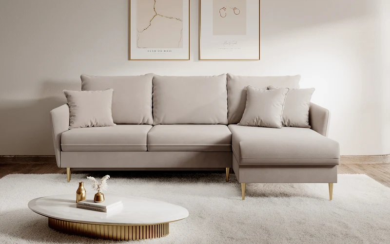 Ecksofa mit Schlaffunktion Volio, beige, wasserabweisender Samt, goldene Beine