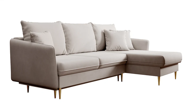 Ecksofa mit Schlaffunktion Volio, beige, wasserabweisender Samt, goldene Beine