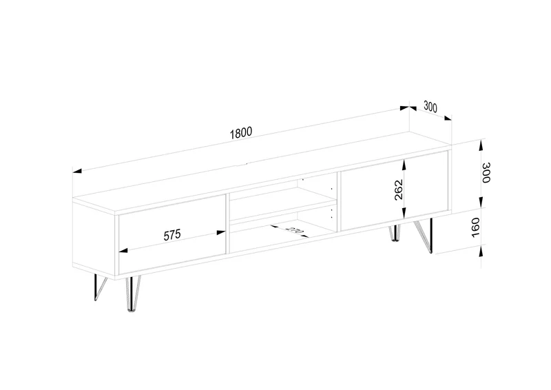 Lowboard Eiche Rustikal - Schwarz/weiß geölt 180cm mit Stangenfuß