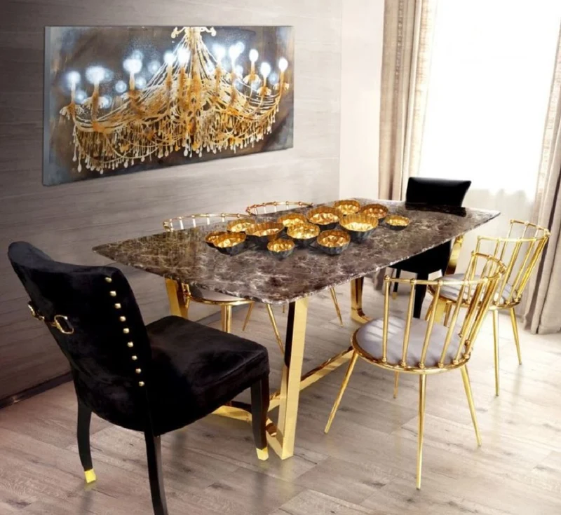 Casa Padrino Luxus Esstisch Braun / Gold 200 x 100 x H. 75 cm - Esszimmer Tisch mit Kunstmarmor Tischplatte - Esszimmer Möbel - Luxus Möbel - Luxus Einrichtung