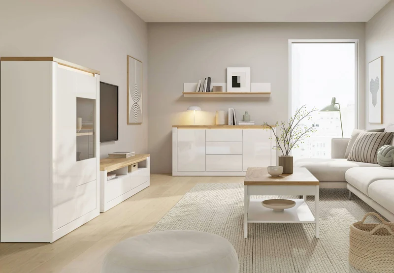 Sideboard DURAOAK 2-trg. 3 Schubladen Weiß glossy / Eiche Dekor Forte