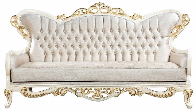 Casa Padrino Luxus Barock Sofa Silber / Weiß / Gold - Handgefertigtes Barockstil Wohnzimmer Sofa mit elegantem Muster - Prunkvolle Barock Wohnzimmer Möbel