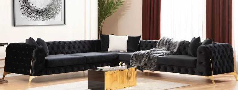 Casa Padrino Luxus Chesterfield Ecksofa Schwarz / Gold 310 x 270 x H. 70 cm - Chesterfield Wohnzimmer Sofa - Wohnzimmer Möbel - Luxus Chesterfield Möbel - Luxus Wohnzimmer Einrichtung