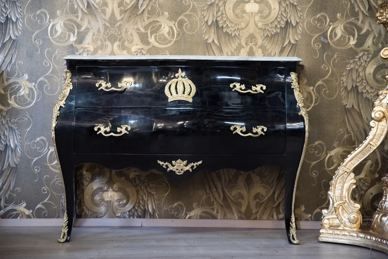 Casa Pompöös by Casa Padrino Barock Kommode mit 2 Schubladen, Massivholz, Schwarz / Gold / Weiß, 120 x 51 x 83 cm