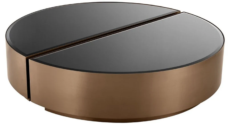 Casa Padrino Luxus Couchtisch Set Kupferfarben / Schwarz - 2 halbkreisförmige Edelstahl Wohnzimmertische mit abgeschrägten Glasplatten - Luxus Wohnzimmer Möbel