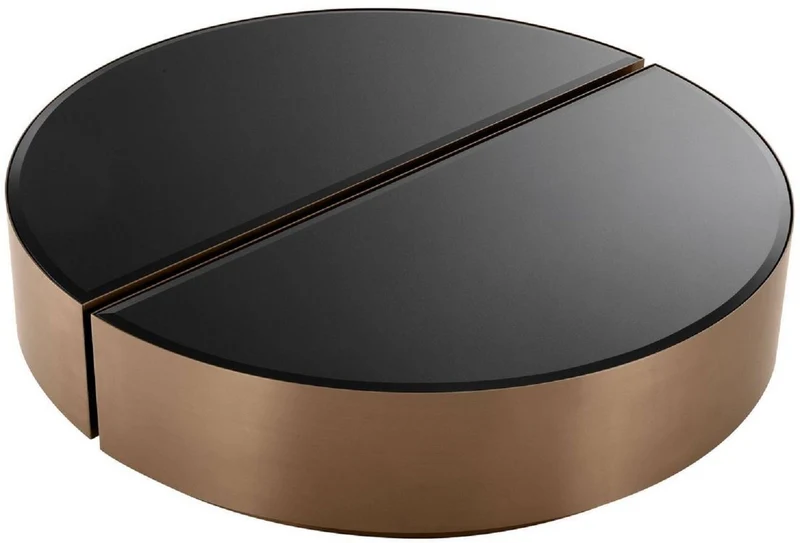 Casa Padrino Luxus Couchtisch Set Kupferfarben / Schwarz - 2 halbkreisförmige Edelstahl Wohnzimmertische mit abgeschrägten Glasplatten - Luxus Wohnzimmer Möbel