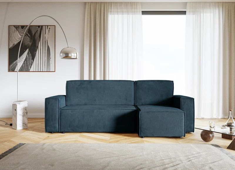 Ecksofa mit Schlaffunktion Copertino, L-förmig, mit Stauraum, universell, dunkelblauer Cordstoff
