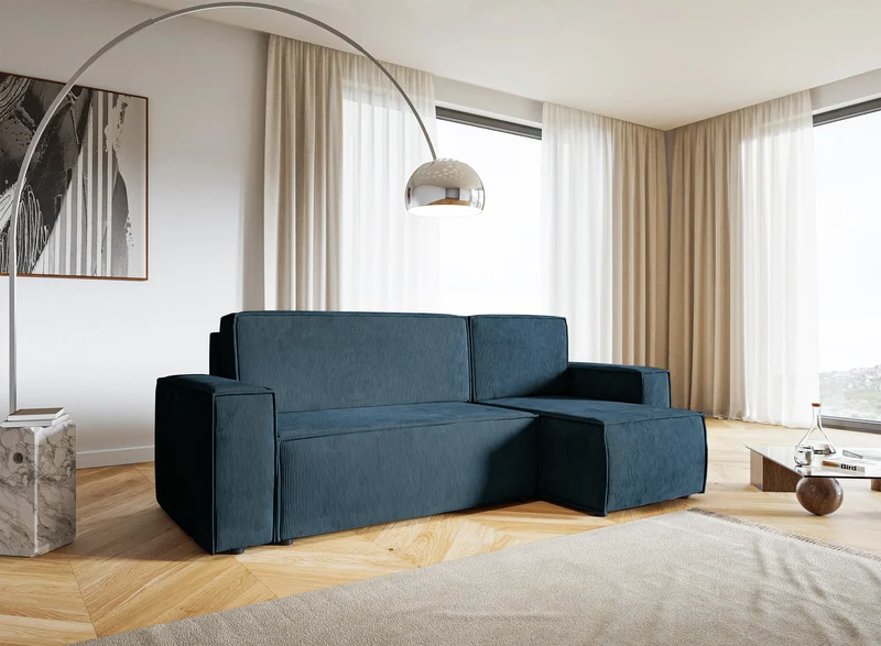Ecksofa mit Schlaffunktion Copertino, L-förmig, mit Stauraum, universell, dunkelblauer Cordstoff