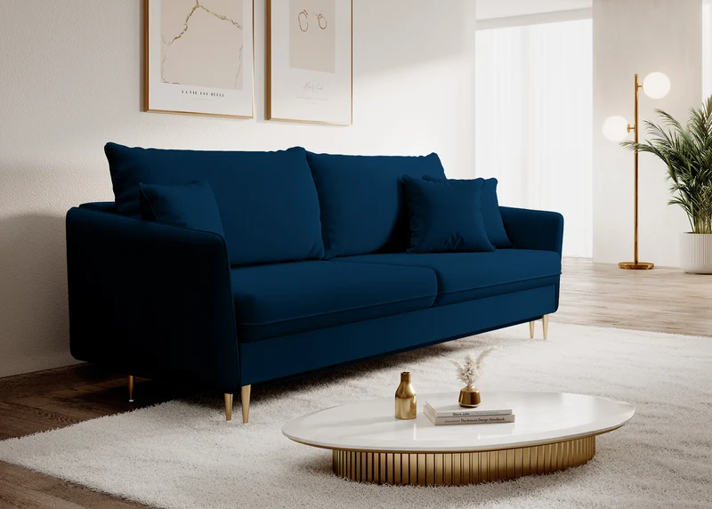Dreisitziges ausklappbares Sofa Volio in Samtvelours, marineblau, wasserabweisend, mit goldfarbenen Beinen