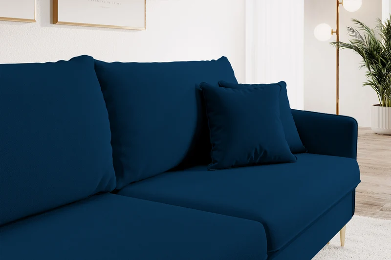 Dreisitziges ausklappbares Sofa Volio in Samtvelours, marineblau, wasserabweisend, mit goldfarbenen Beinen
