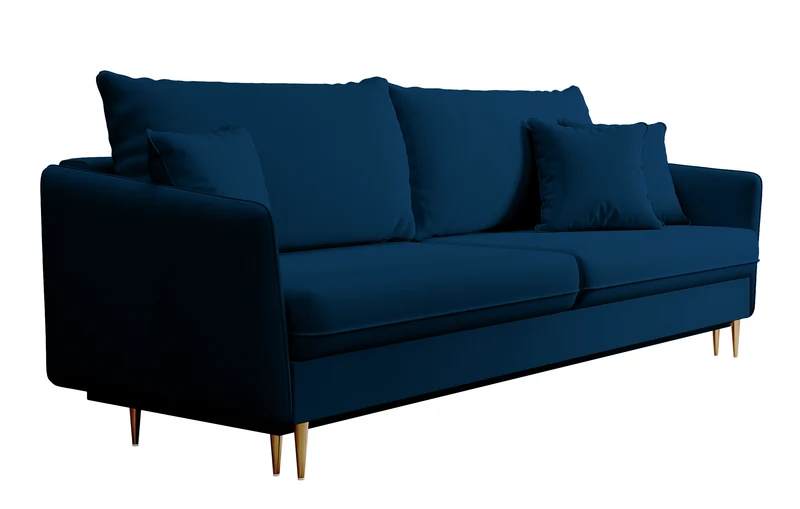 Dreisitziges ausklappbares Sofa Volio in Samtvelours, marineblau, wasserabweisend, mit goldfarbenen Beinen