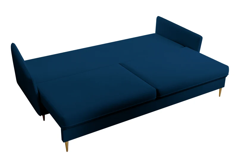 Dreisitziges ausklappbares Sofa Volio in Samtvelours, marineblau, wasserabweisend, mit goldfarbenen Beinen
