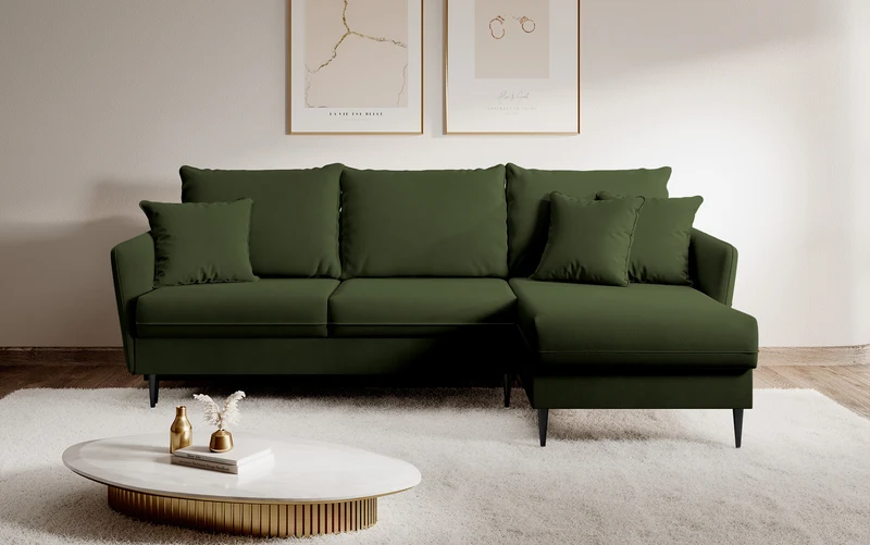 Ecksofa mit Schlaffunktion Volio, olivgrüner wasserabweisender Samt, schwarze Beine