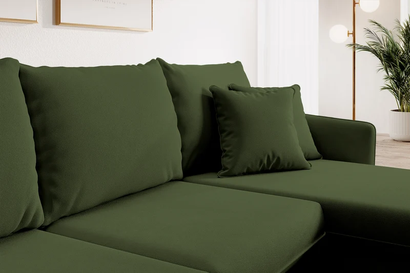 Ecksofa mit Schlaffunktion Volio, olivgrüner wasserabweisender Samt, schwarze Beine
