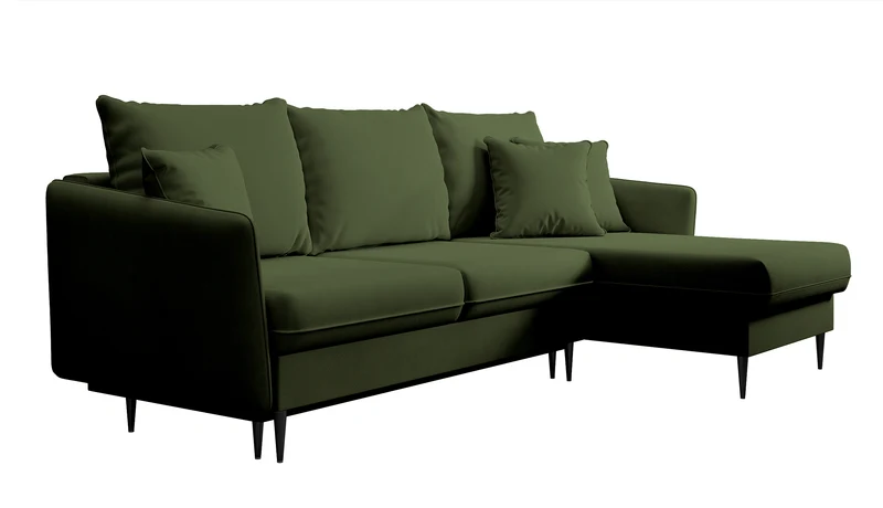 Ecksofa mit Schlaffunktion Volio, olivgrüner wasserabweisender Samt, schwarze Beine
