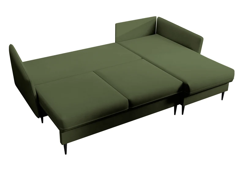 Ecksofa mit Schlaffunktion Volio, olivgrüner wasserabweisender Samt, schwarze Beine