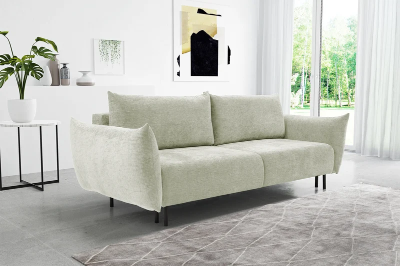 Dreisitziges ausklappbares Sofa Candeiro mit Stauraum, cremefarbenes Chenille