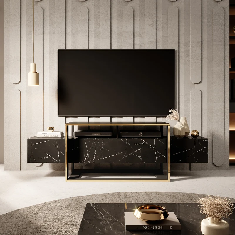 TV-Schrank Excelsum 160 cm schwarzer Marmor mit abschließbarem Fach