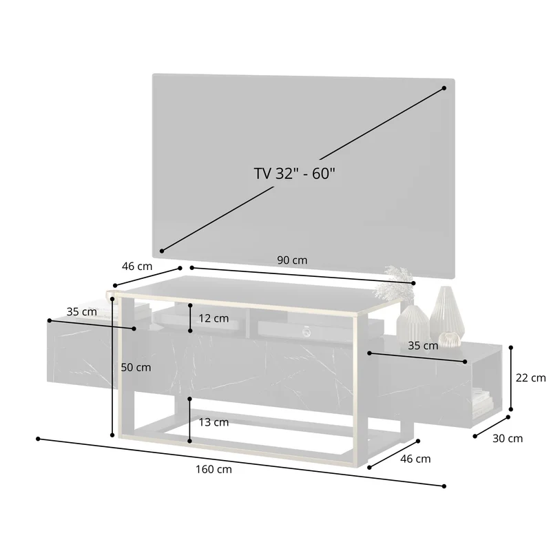 TV-Schrank Excelsum 160 cm schwarzer Marmor mit abschließbarem Fach