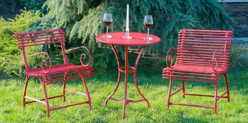 Casa Padrino Jugendstil Garten Stuhl 4er Set Rot 56 x 52 x H. 76 cm - Handgefertigte Schmiedeeisen Stühle mit Armlehnen - Nostalgische Schmiedeeisen Garten & Terrassen Möbel