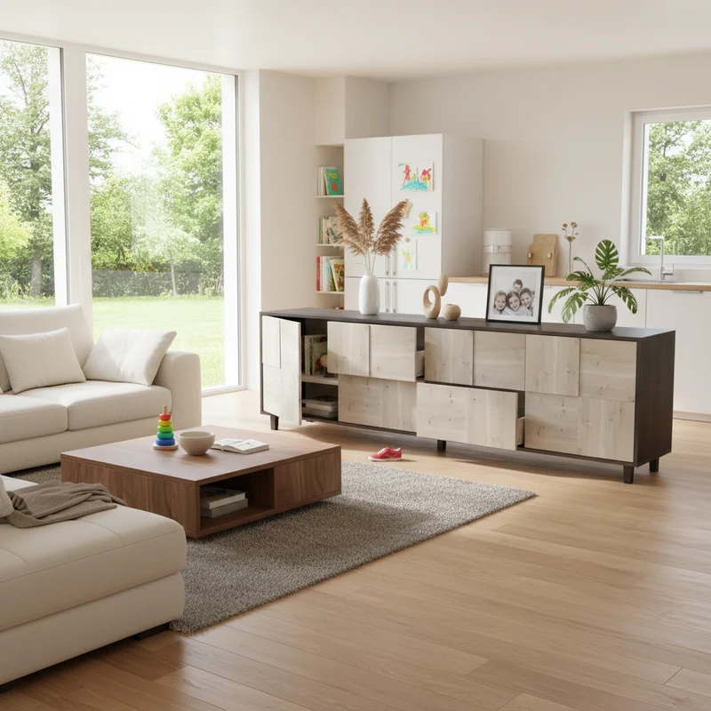 Sideboard "Mosaik" Eiche Rustikal - Schwarz/Weiß geölt 240cm