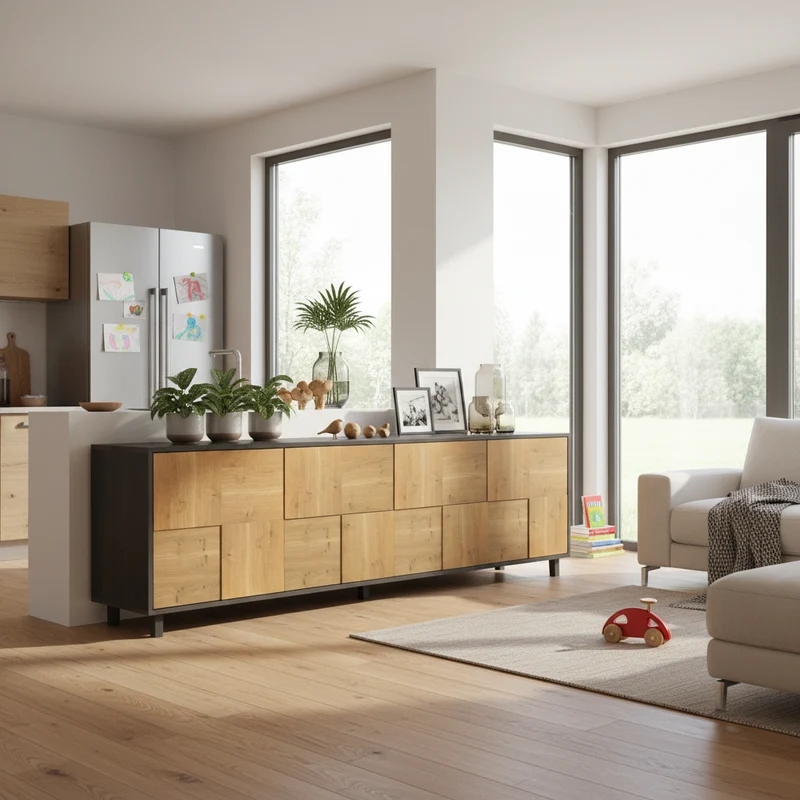 Sideboard "Mosaik" Eiche Rustikal - Natur/Schwarz geölt 240cm