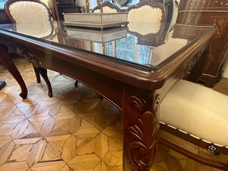 Casa Padrino Luxus Barock Esstisch mit Glasplatte Dunkelbraun - Handgefertigter Massivholz Esszimmertisch - Luxus Esszimmer Möbel im Barockstil - Barock Möbel - Barock Einrichtung