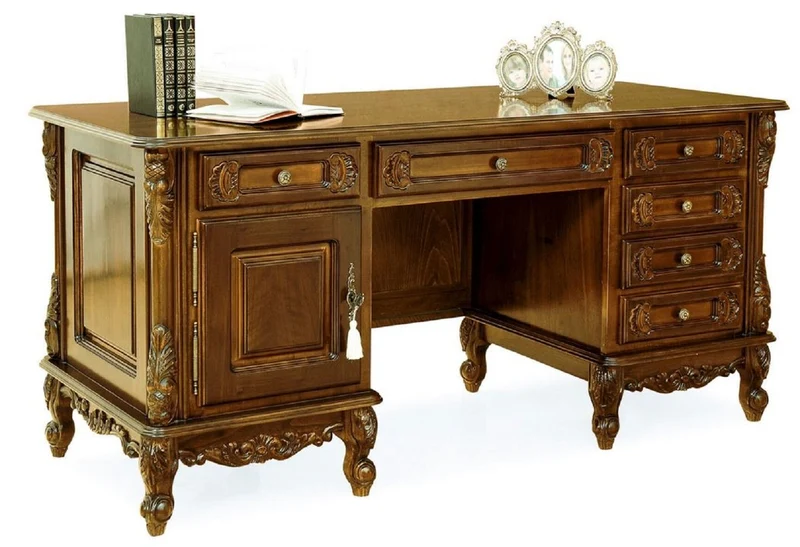 Casa Padrino Luxus Barock Schreibtisch Dunkelbraun - Prunkvoller Massivholz Bürotisch - Luxus Büro Möbel im Barockstil - Barock Möbel - Barock Büro Einrichtung - Edel & Prunkvoll