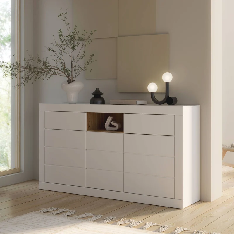 Sideboard Kommode LEFKADAS Weiß seidenmatt 3 Türen 2 Schubladen, Forte
