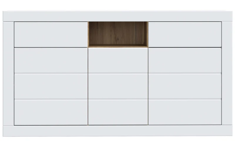 Sideboard Kommode LEFKADAS Weiß seidenmatt 3 Türen 2 Schubladen, Forte