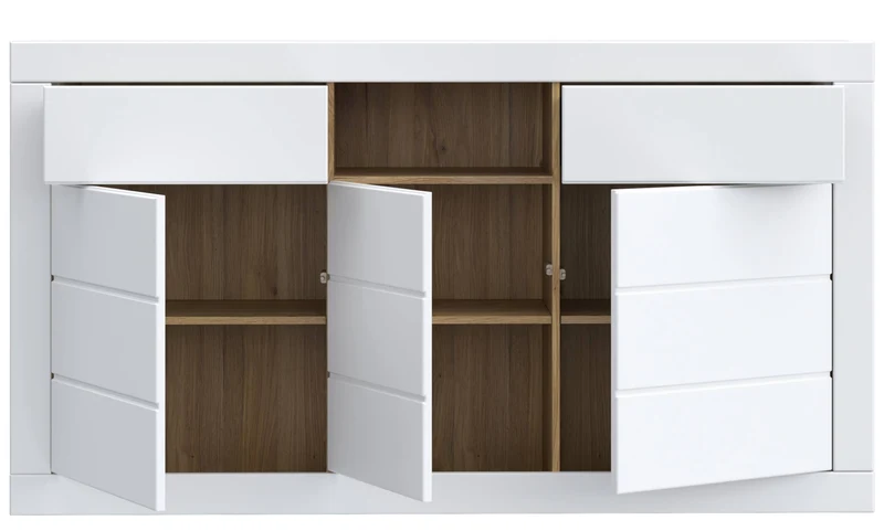 Sideboard Kommode LEFKADAS Weiß seidenmatt 3 Türen 2 Schubladen, Forte