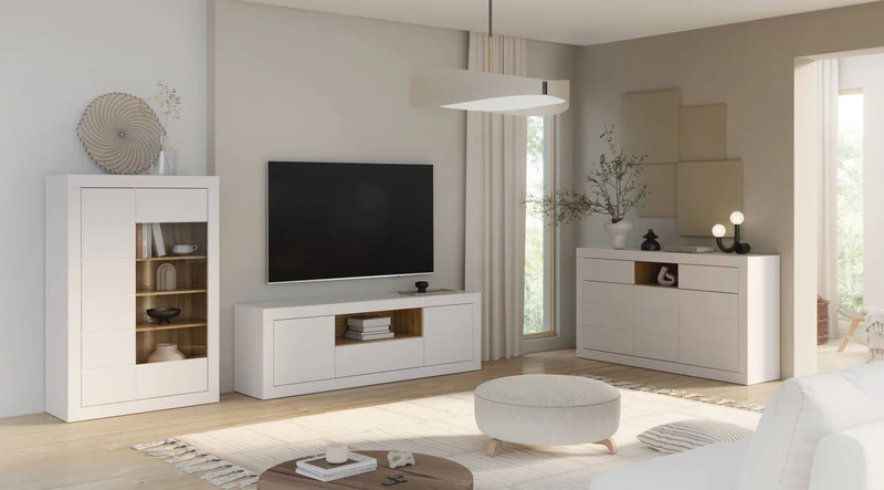 Sideboard Kommode LEFKADAS Weiß seidenmatt 3 Türen 2 Schubladen, Forte