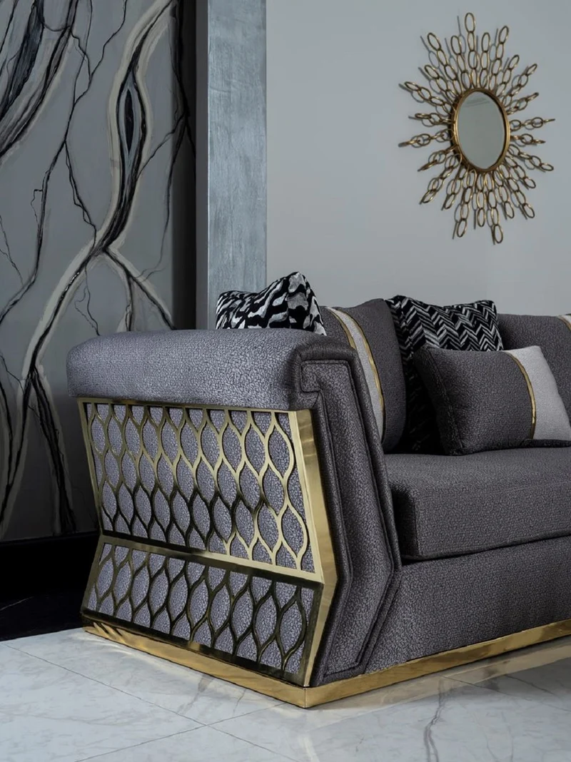Casa Padrino Luxus Sofa Dunkelgrau / Gold - Elegantes Wohnzimmer Sofa mit dekorativen Kissen - Luxus Wohnzimmer Möbel