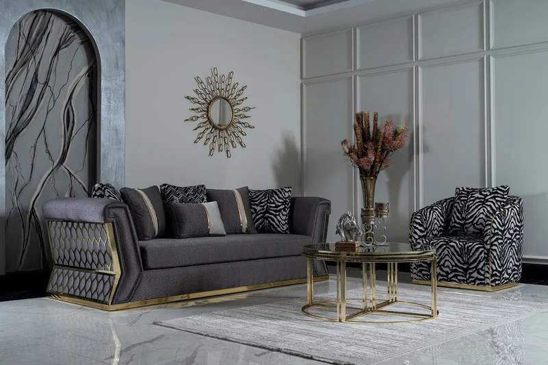 Casa Padrino Luxus Sofa Dunkelgrau / Gold - Elegantes Wohnzimmer Sofa mit dekorativen Kissen - Luxus Wohnzimmer Möbel