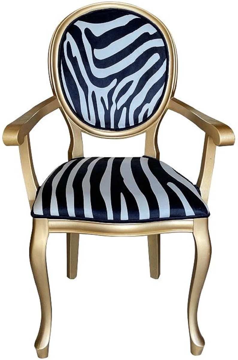 Casa Padrino Barock Esszimmer Stuhl Schwarz / Weiß / Gold - Handgefertigter Antik Stil Stuhl mit Armlehnen und Zebra Design - Esszimmer Möbel im Barockstil