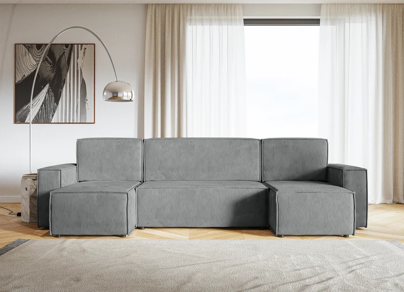 Ecksofa mit Schlaffunktion Copertino U-förmig mit Stauraum, universell, aschgrauer Cordstoff