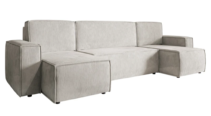 Ecksofa mit Schlaffunktion Copertino U-förmig mit Stauraum, universell, sandfarbener Cordstoff