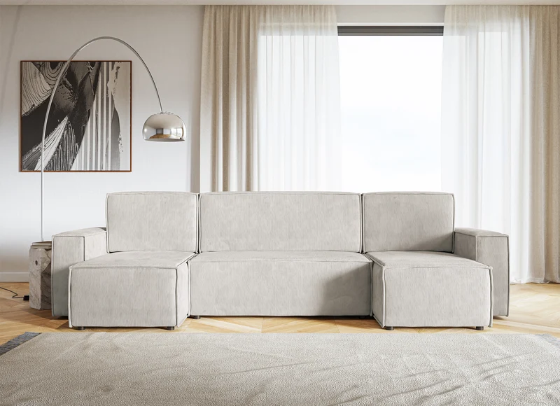 Ecksofa mit Schlaffunktion Copertino U-förmig mit Stauraum, universell, sandfarbener Cordstoff