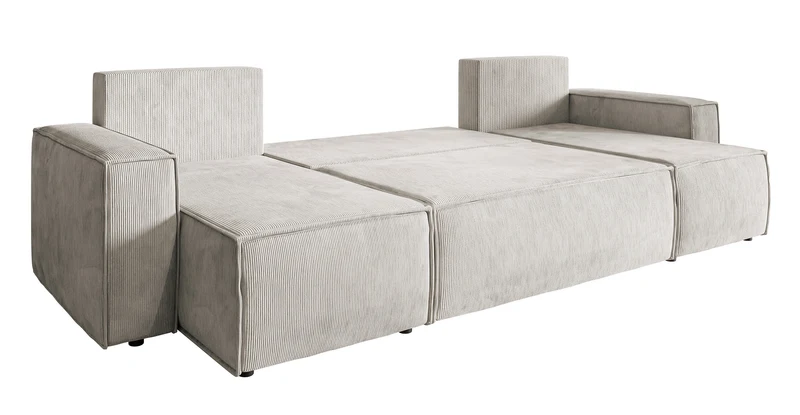 Ecksofa mit Schlaffunktion Copertino U-förmig mit Stauraum, universell, sandfarbener Cordstoff