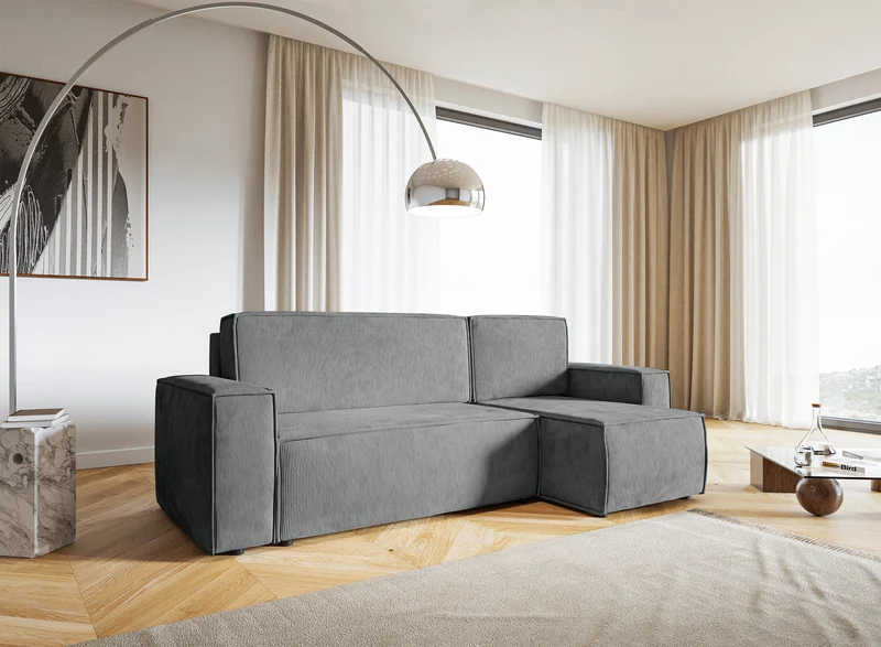 Ecksofa mit Schlaffunktion Copertino, L-förmig, mit Stauraum, universell, grauer Cord