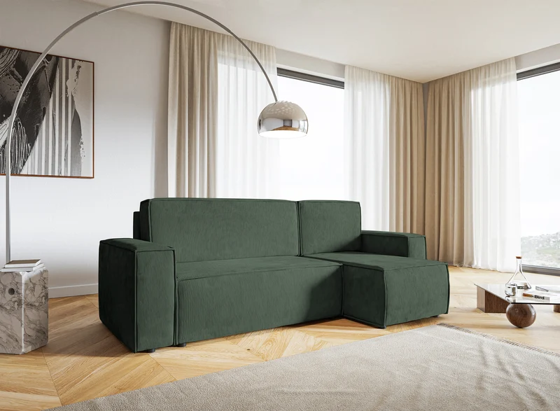 Ecksofa mit Schlaffunktion Copertino, L-förmig, mit Stauraum, universell, grün, Cordstoff