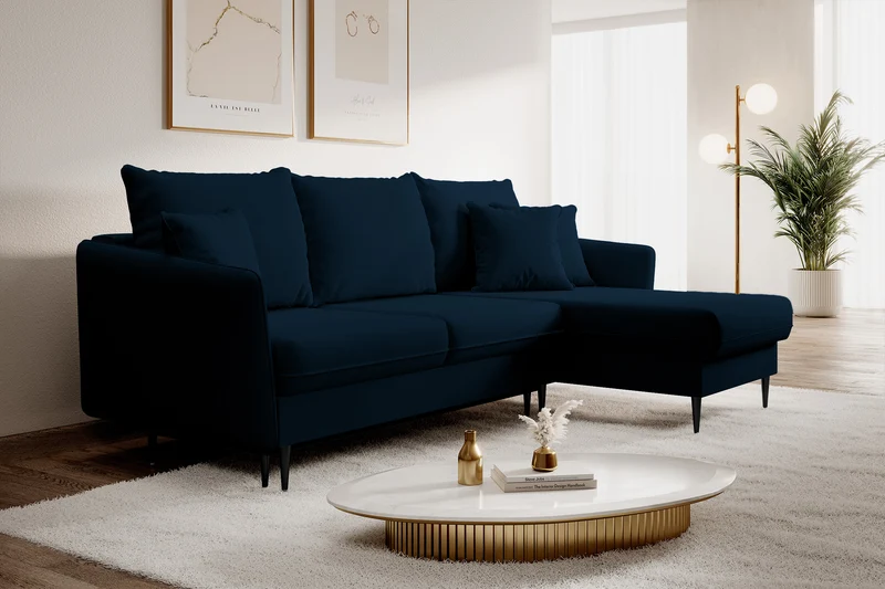 Ecksofa mit Schlaffunktion Volio, samtblau, wasserabweisend, schwarze Beine