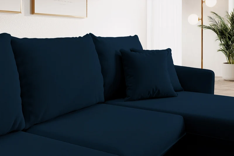 Ecksofa mit Schlaffunktion Volio, samtblau, wasserabweisend, schwarze Beine