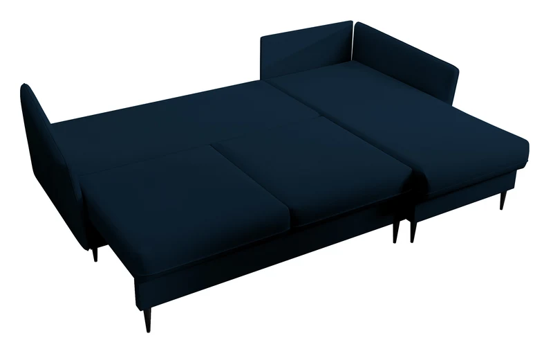 Ecksofa mit Schlaffunktion Volio, samtblau, wasserabweisend, schwarze Beine
