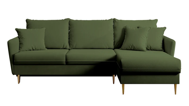 Ecksofa mit Schlaffunktion Volio olivgrüner, wasserabweisender Samt, goldene Beine