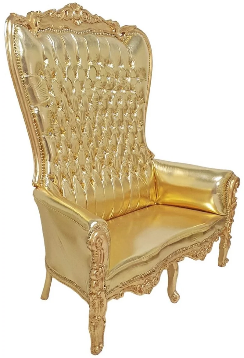 Casa Padrino Barock Hochlehn 2er Sofa Gold - Prunkvolles Barockstil Kunstleder Sofa mit Glitzersteinen - Wohnzimmer Möbel im Barockstil - Barock Möbel - Edel & Prunkvoll